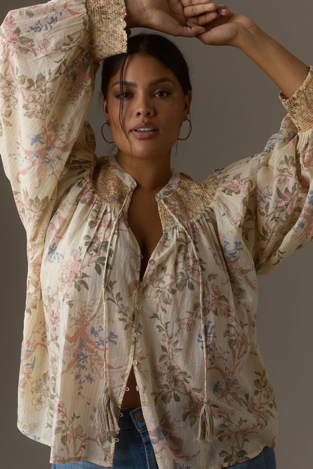 By Anthropologie LongSleeve Smocked Lurex Top Anthropologie