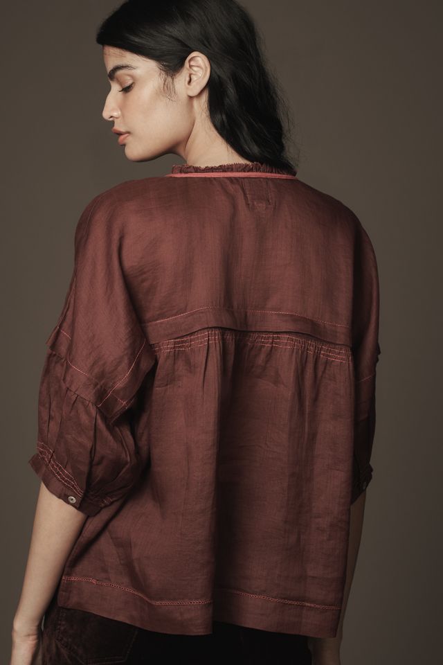 Maeve Balloon-Sleeve V-Neck Stitched Blouse #1