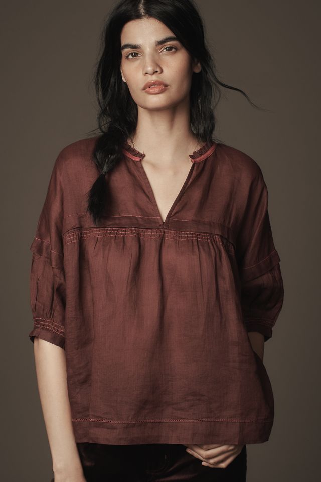 Maeve Balloon-Sleeve V-Neck Stitched Blouse #3