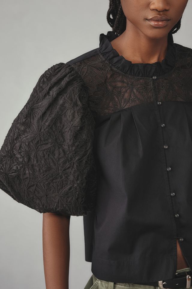 Maeve Puff-Sleeve Embellished Button-Front Blouse #3