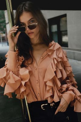 Shop By Anthropologie Sheer Ruffle Buttondown Blouse In Orange