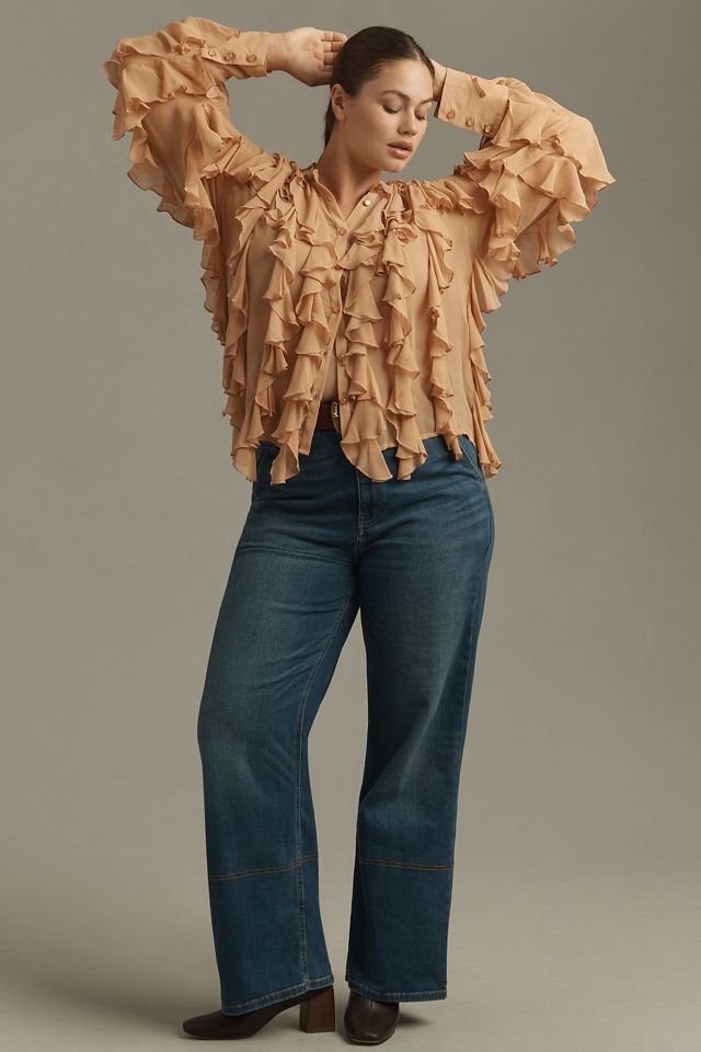 By Anthropologie Sheer Ruffle Buttondown Blouse #6