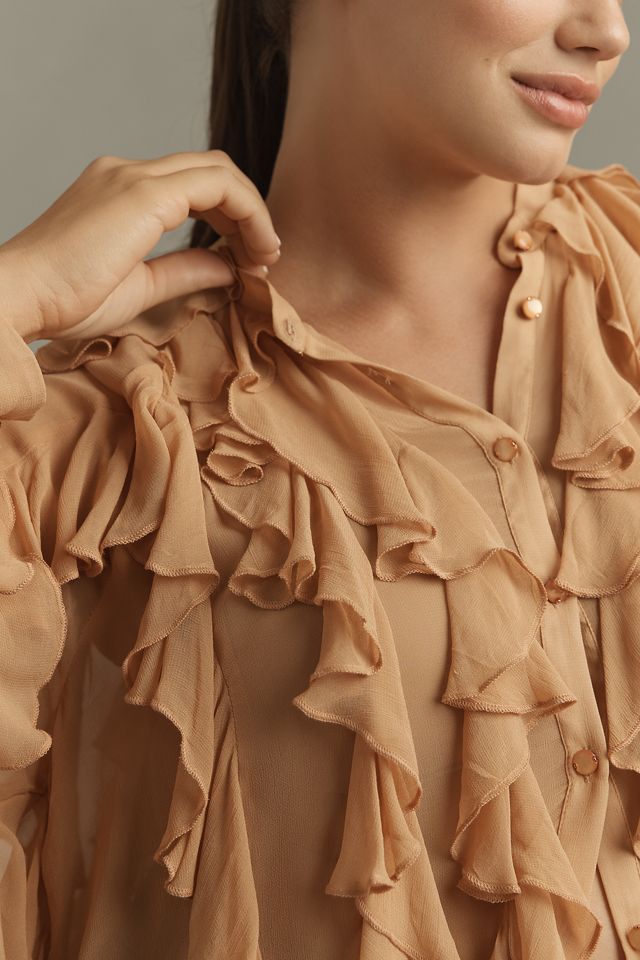 By Anthropologie Sheer Ruffle Buttondown Blouse #7