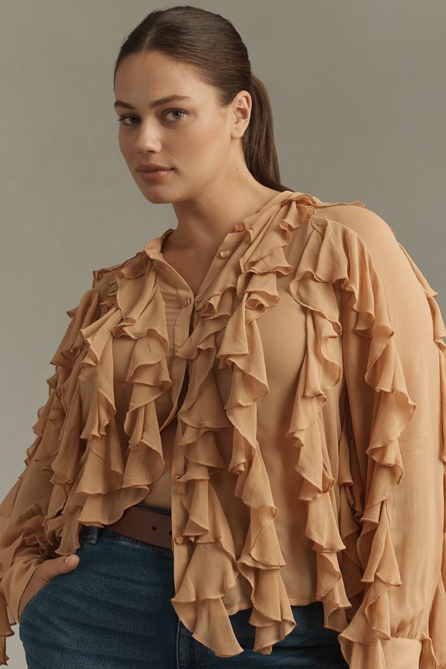 By Anthropologie Sheer Ruffle Buttondown Blouse #4