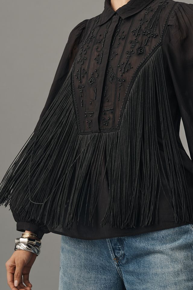 By Anthropologie Long-Sleeve Collared Embellished Fringe Blouse #1