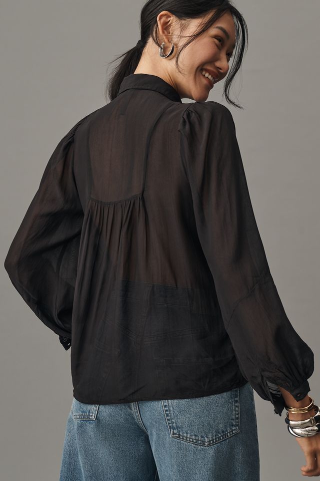 By Anthropologie Long-Sleeve Collared Embellished Fringe Blouse #2