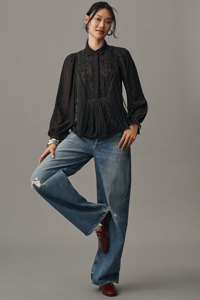By Anthropologie Long-Sleeve Collared Embellished Fringe Blouse #3