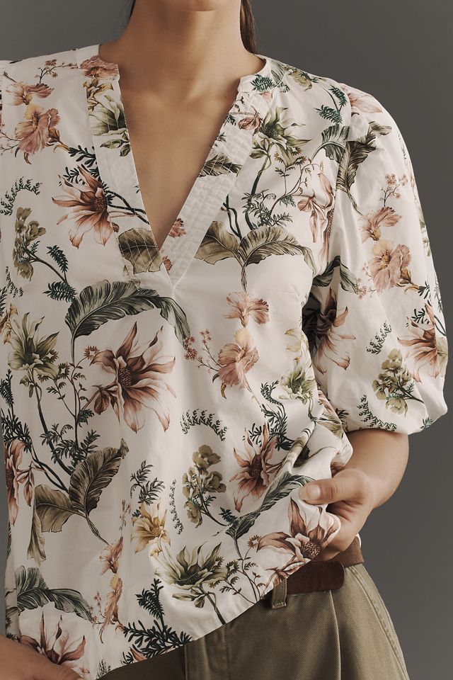 Blusa Popover De Manga Abullonada Con Cuello En V De Anthropologie #2