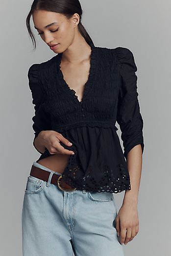 By Anthropologie Balloon-Sleeve Smocked Peplum Blouse By Anthropologie Balloon-Sleeve Smocked Peplum Blouse