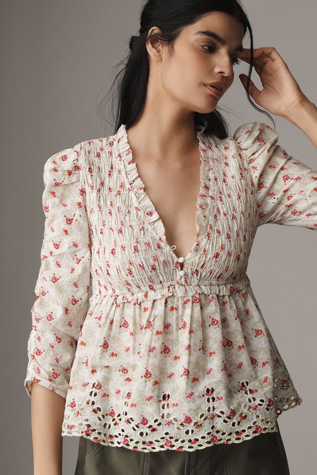 By Anthropologie Ruched-Sleeve Smocked Blouse #3