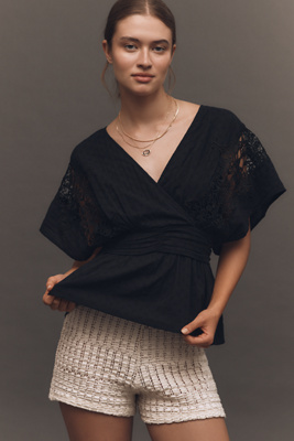 By Anthropologie Short-sleeve Surplice Eyelet Lace Blouse