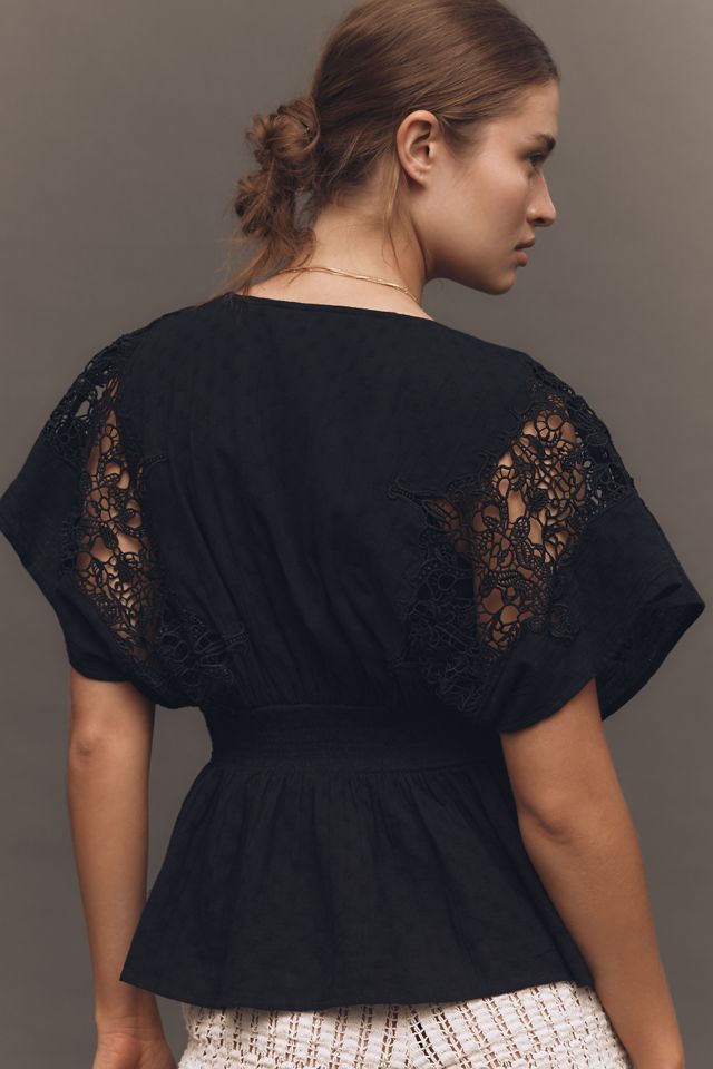 By Anthropologie Short-Sleeve Surplice Eyelet Lace Blouse #1