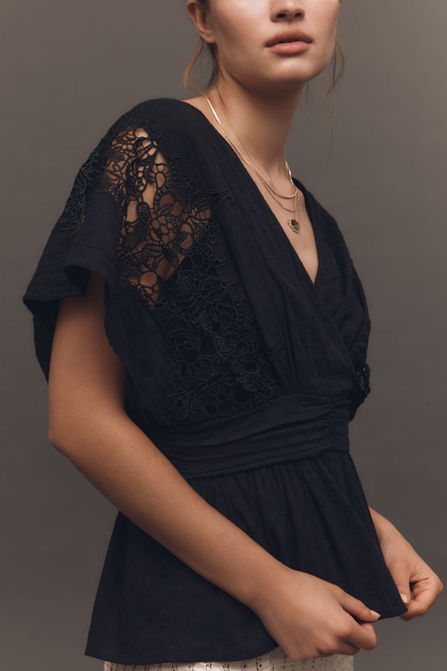 By Anthropologie Short-Sleeve Surplice Eyelet Lace Blouse #3