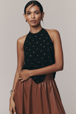 By Anthropologie Rivet Halter Tank Top In Black