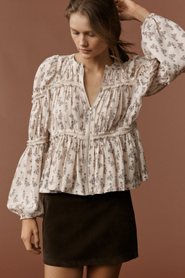 By Anthropologie Long-sleeve Puffy Zip-front Blouse In Neutral