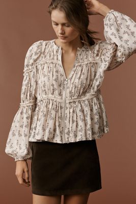 By Anthropologie Long-Sleeve Puffy Zip-Front Blouse