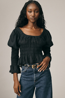 By Anthropologie Long-sleeve Smocked Babydoll Top In Black