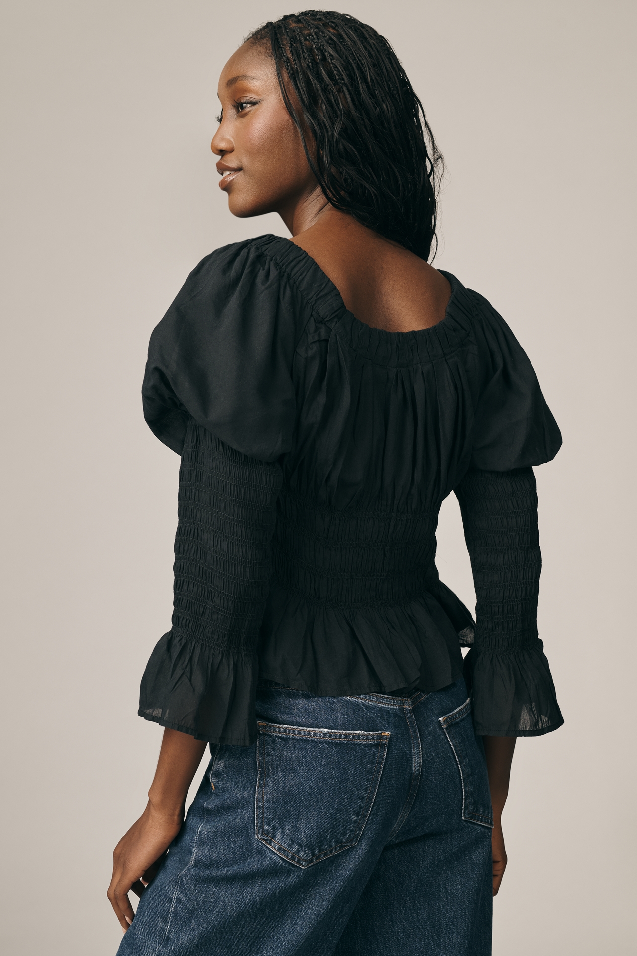 By Anthropologie Long-Sleeve Smocked Babydoll Top