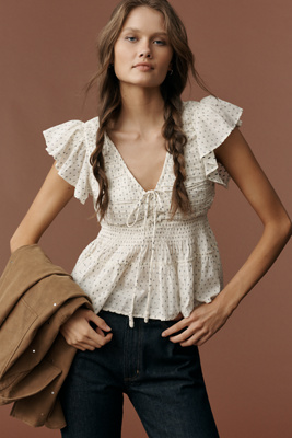 By Anthropologie Flutter-sleeve Blouse In White
