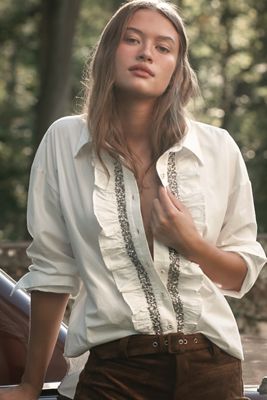 Pilcro Crystal-Embellished Relaxed Buttondown Shirt