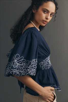 Maeve Embroidered Linen Blend Puff-Sleeve Top | Anthropologie