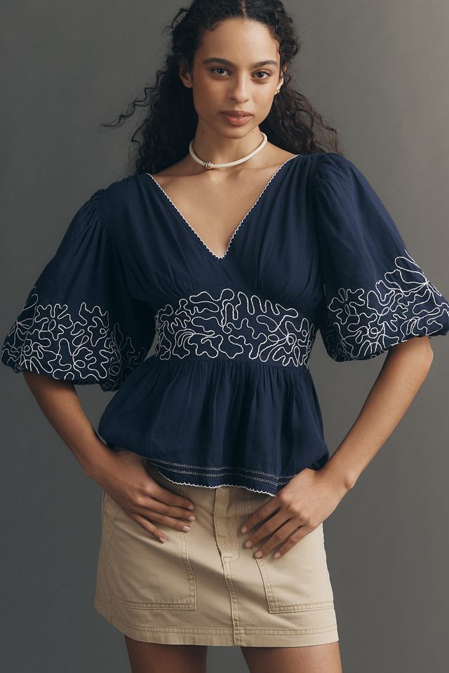 Maeve Embroidered Linen Blend Puff-Sleeve Top | Anthropologie