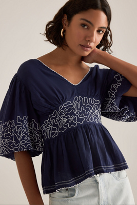Maeve Embroidered Linen Blend Puff-sleeve Top In Blue