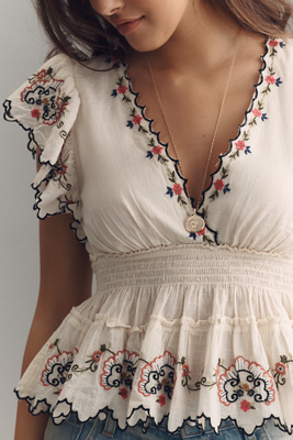 By Anthropologie Embroidered Flutter-Sleeve Top