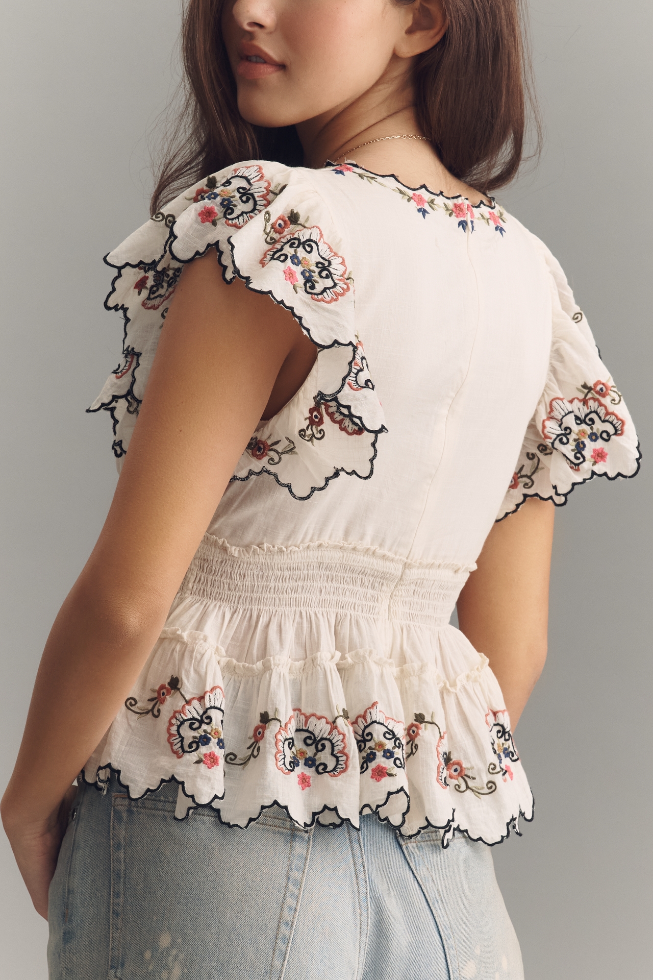 By Anthropologie Embroidered Flutter-Sleeve Top