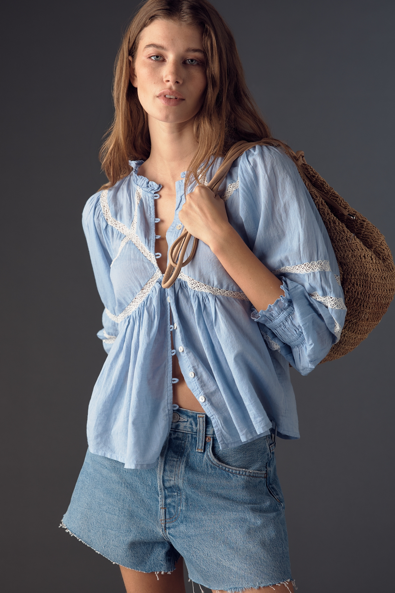 By Anthropologie High-Neck Long-Sleeve Embroidered Blouse