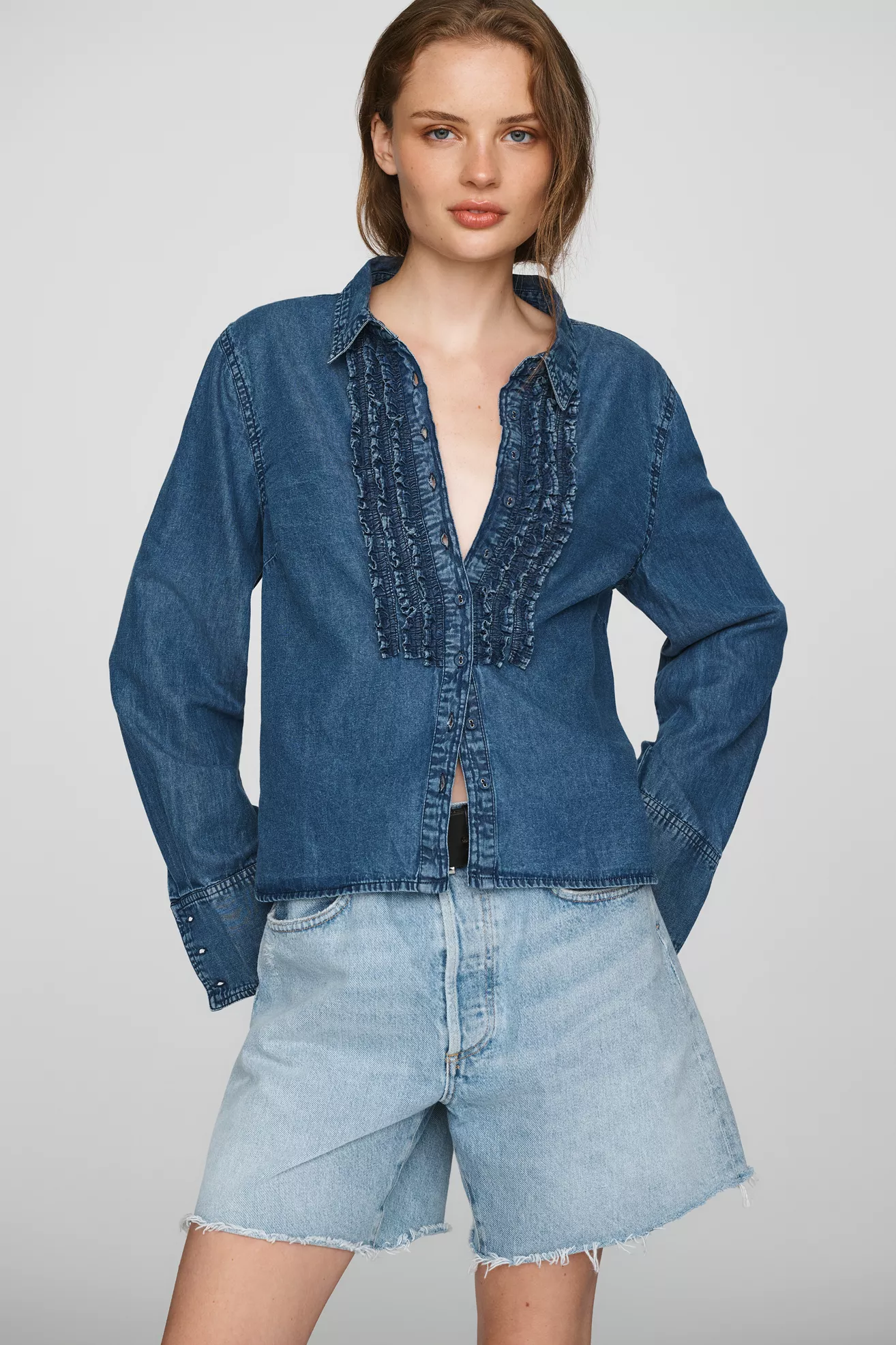 Pilcro 100% Cotton Denim Ruffled Buttondown Shirt