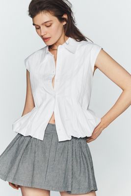 Maeve Sleeveless Pleated Bubble-Hem Buttondown Top 