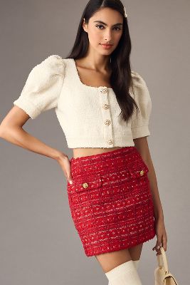 ENDLESS ROSE CROPPED PUFF-SLEEVE TWEED TOP