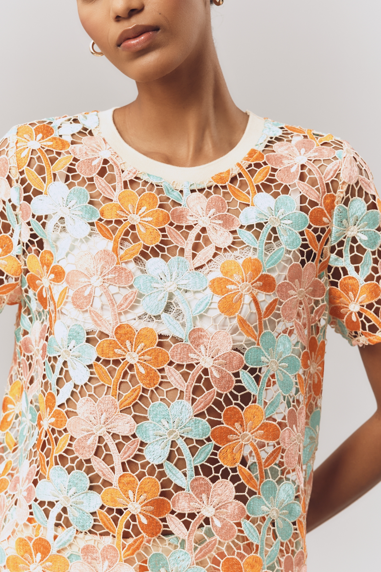 Endless Rose Short-Sleeve Embroidered Lace Top