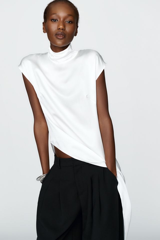 S/W/F 100% Cotton Satin Mock Neck Top #1