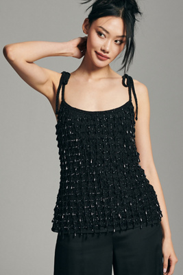 Mac Duggal Crystal Embellished Soft Tie Cami Top In Black