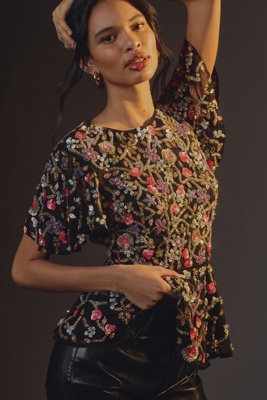Mac Duggal Floral Embellished Butterfly Sleeve Top In Multicolor