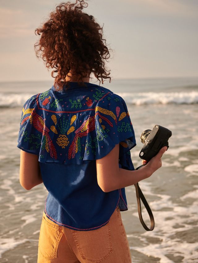 Farm Rio Naya Cross-Stitched Buttondown | Anthropologie