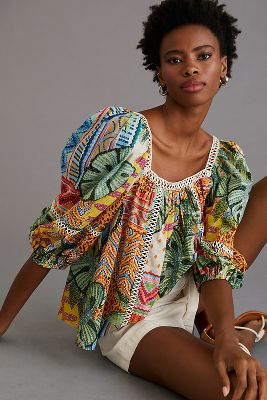 Farm Rio Lace Inset Peasant Blouse | Anthropologie