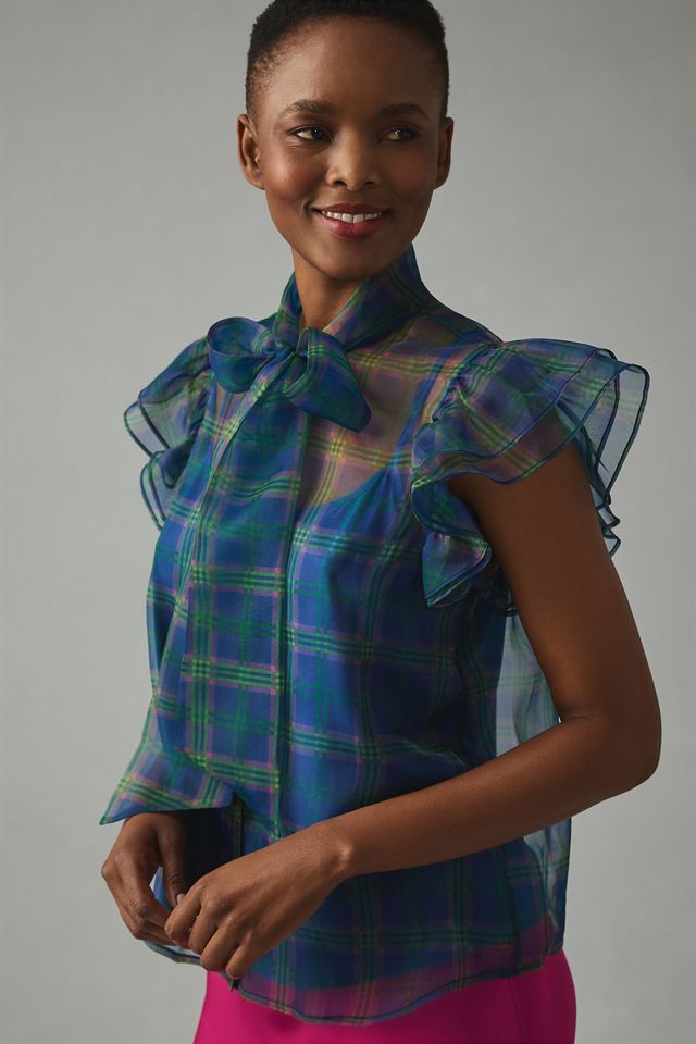 トップス SHEER PLAID VOLUME SLEEVE TOPS Plaid Sheer Puff Sleeve Top | Nuuly