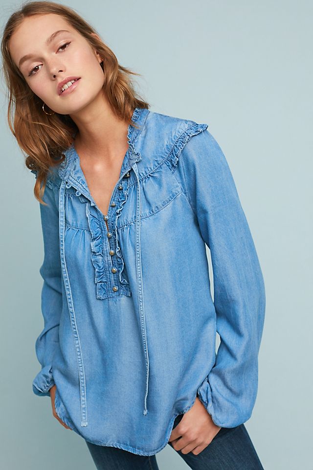 Pilcro Ruffled Chambray Blouse | Anthropologie