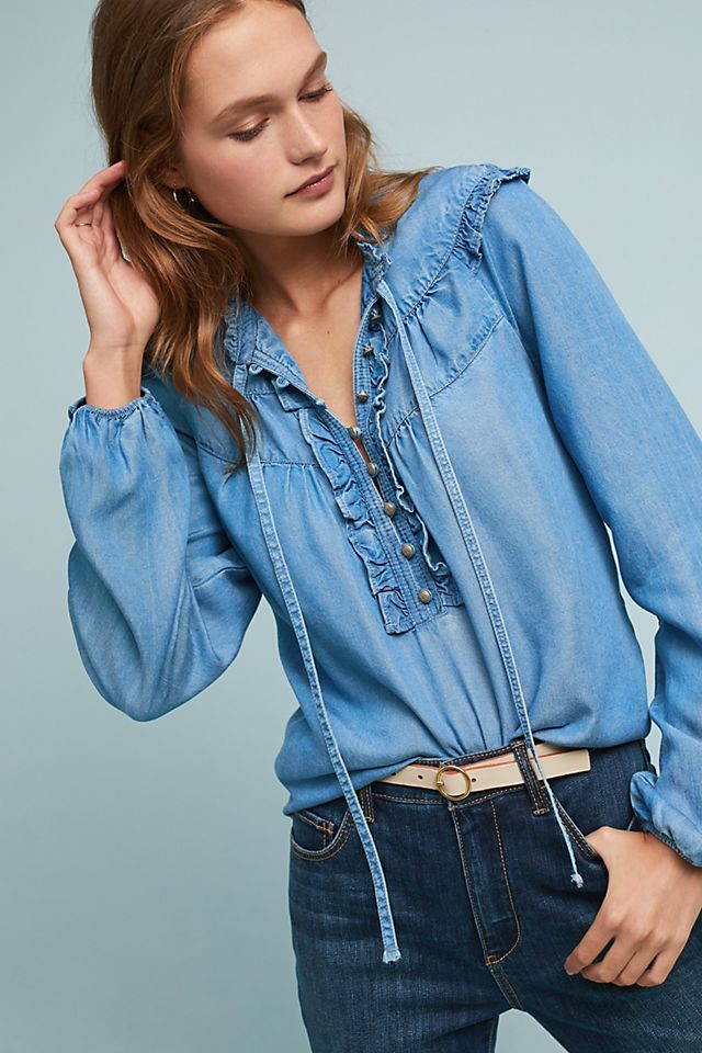 Pilcro Ruffled Chambray Blouse | Anthropologie