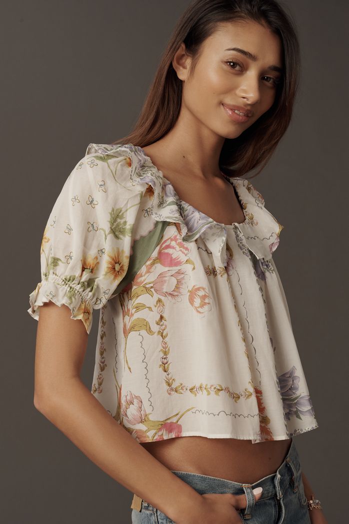 By Anthropologie Puff-Sleeve Ruffle Collar Blouse