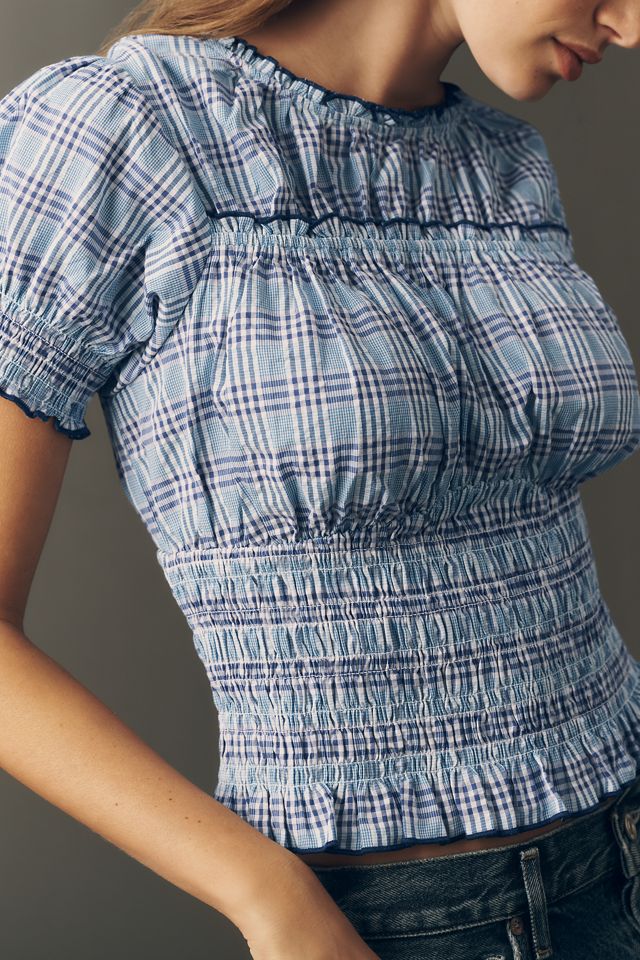 Maeve Smocked Puff-Sleeve Gingham Top #5