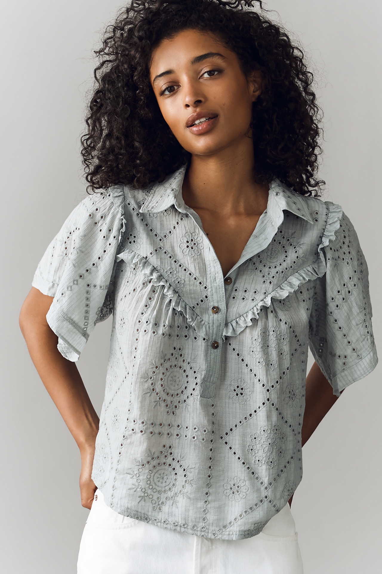 Pilcro Embroidered Eyelet Buttondown Shirt