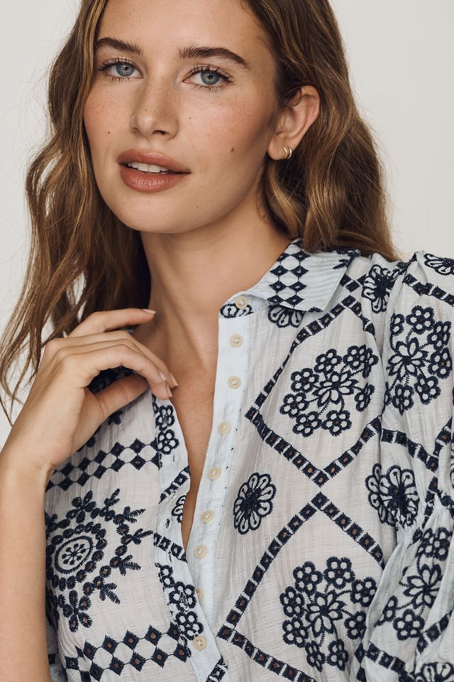 Tallulah Puff Sleeve Eyelet Buttondown Top by Pilcro | Anthropologie