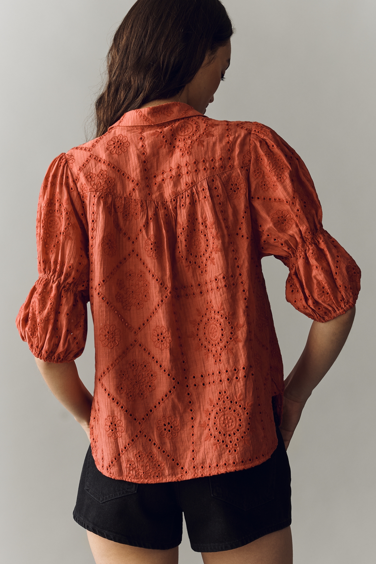 Tallulah Puff Sleeve Eyelet Buttondown Top by Pilcro