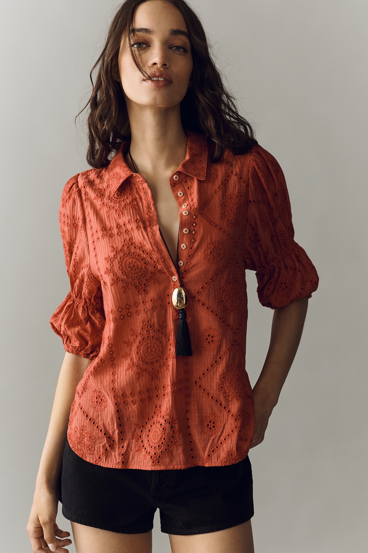 Tallulah Puff Sleeve Eyelet Buttondown Top by Pilcro
