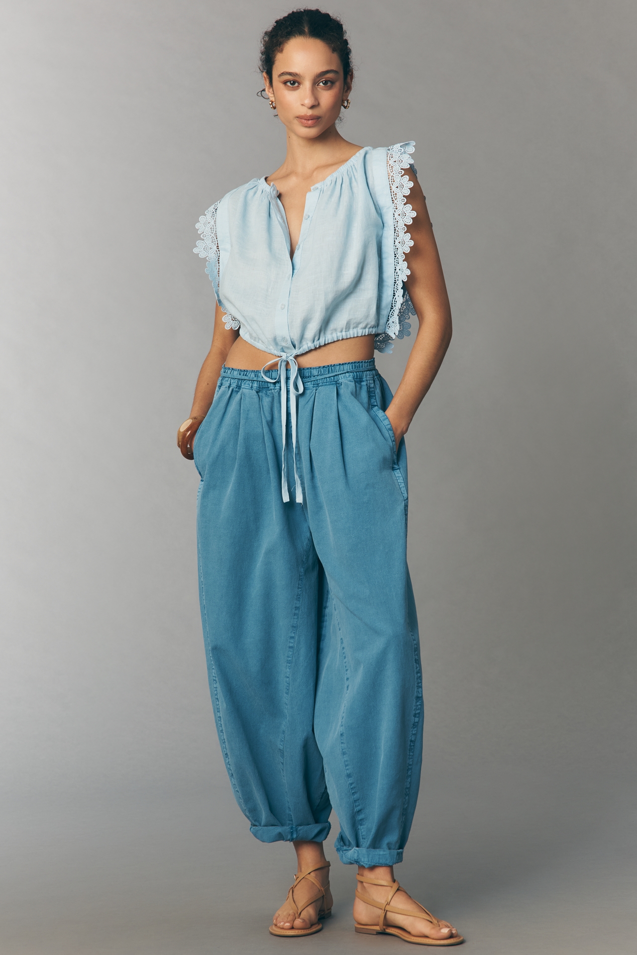 100% European Linen Tie-Front Crop Blouse