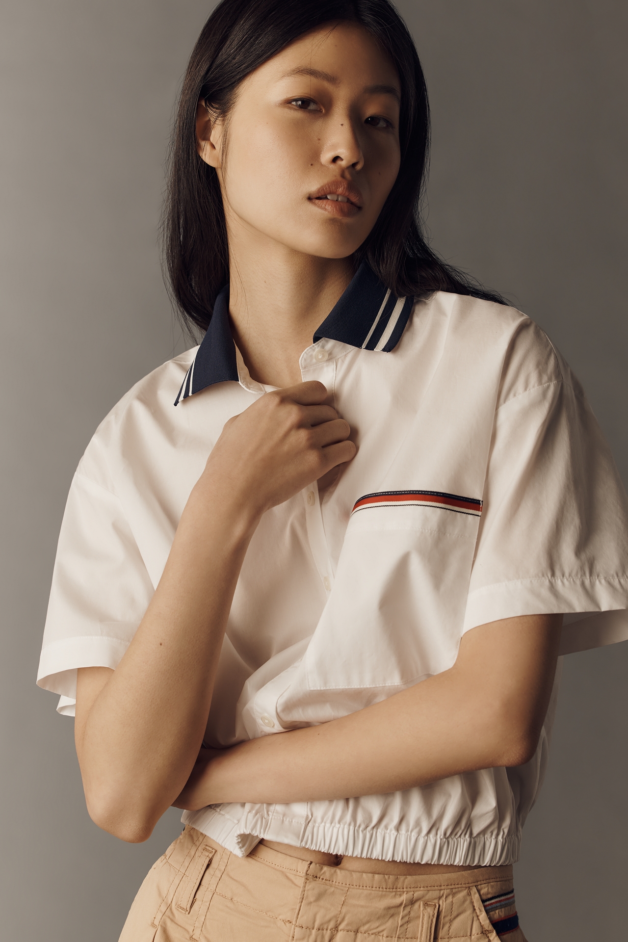 Maeve Cotton Crop Bubble Hem Shirt